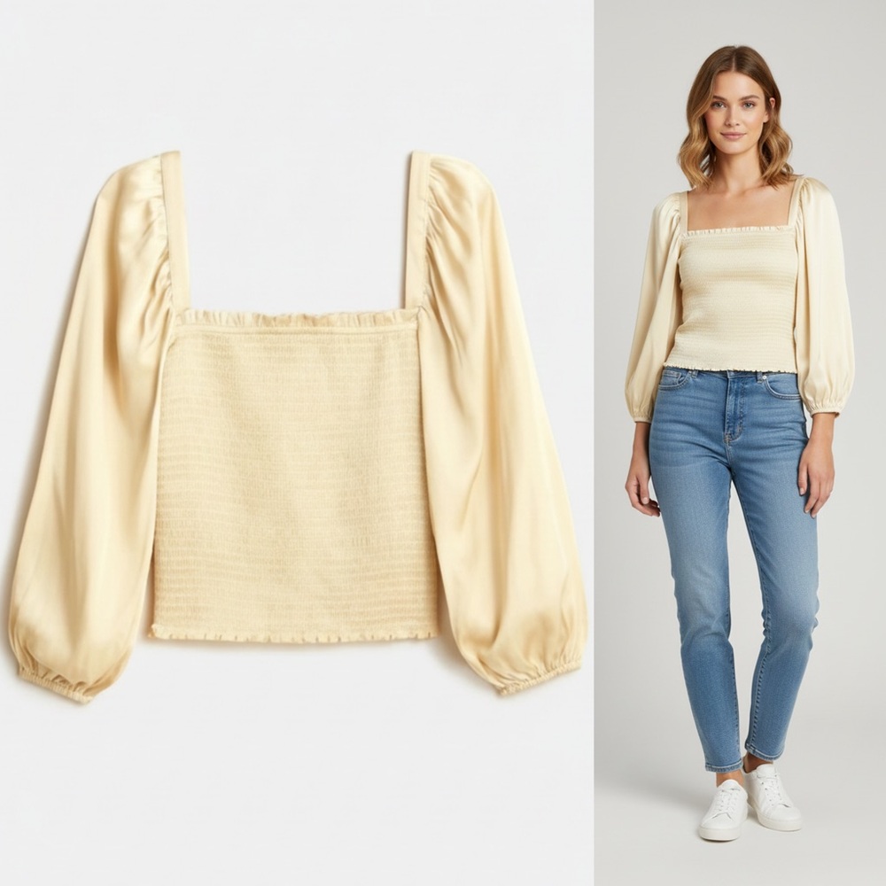J. Crew Square neck Smocked Satin Crop Top Golden Blonde  Size Small